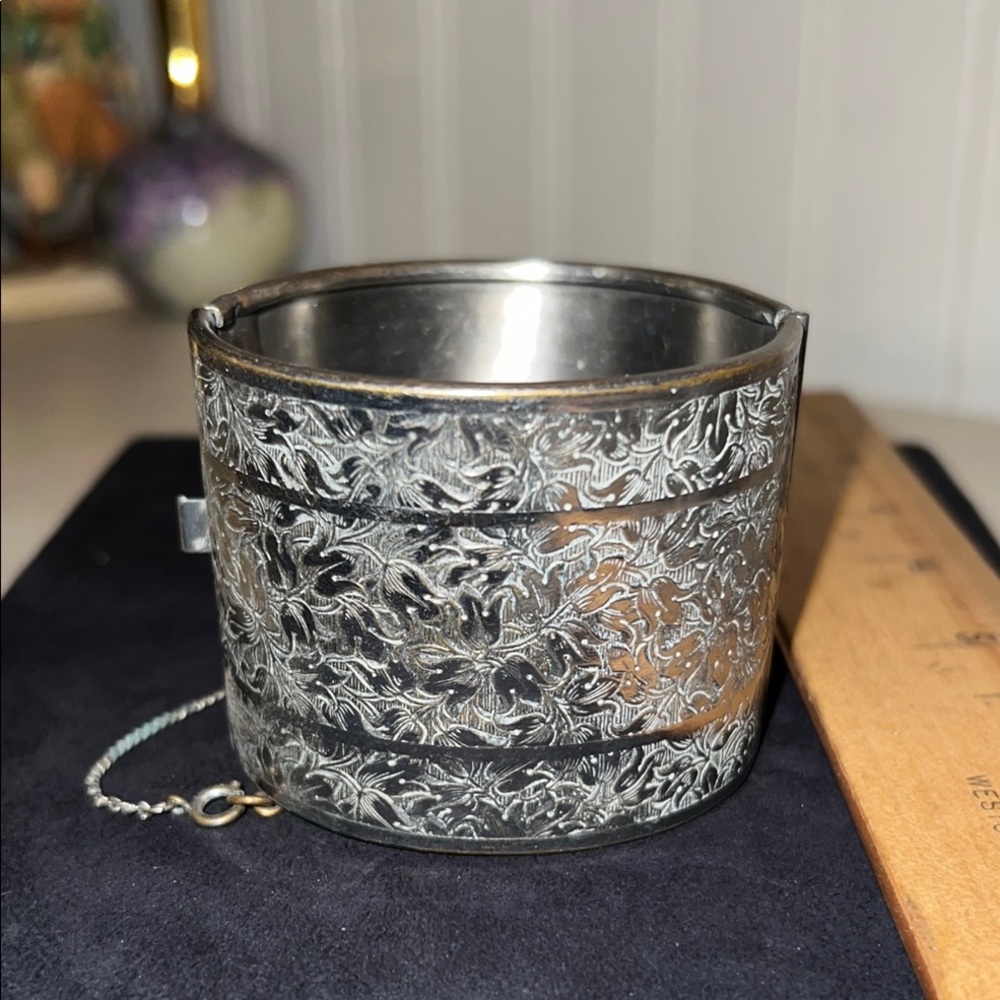 Miriam Haskell silver etched hinged bracelet